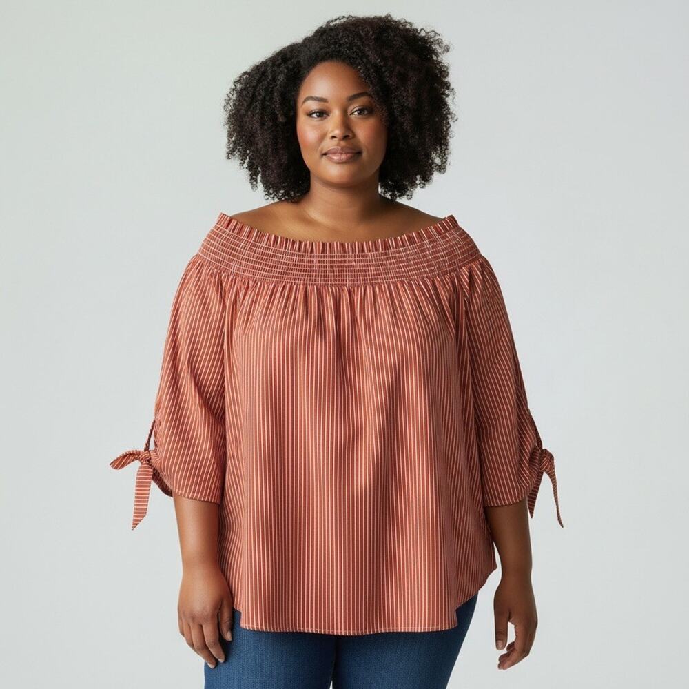 Chico's Womens Striped Off the Shoulder Top Sz 3 US 16/18 Orange White Smocked